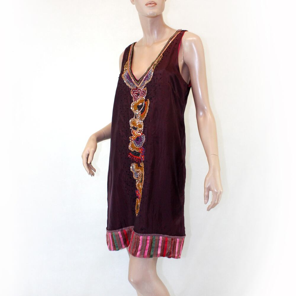 A Common Thread Bohemian Ethnic Colorful Art to Wear Silk Blend Dress Small